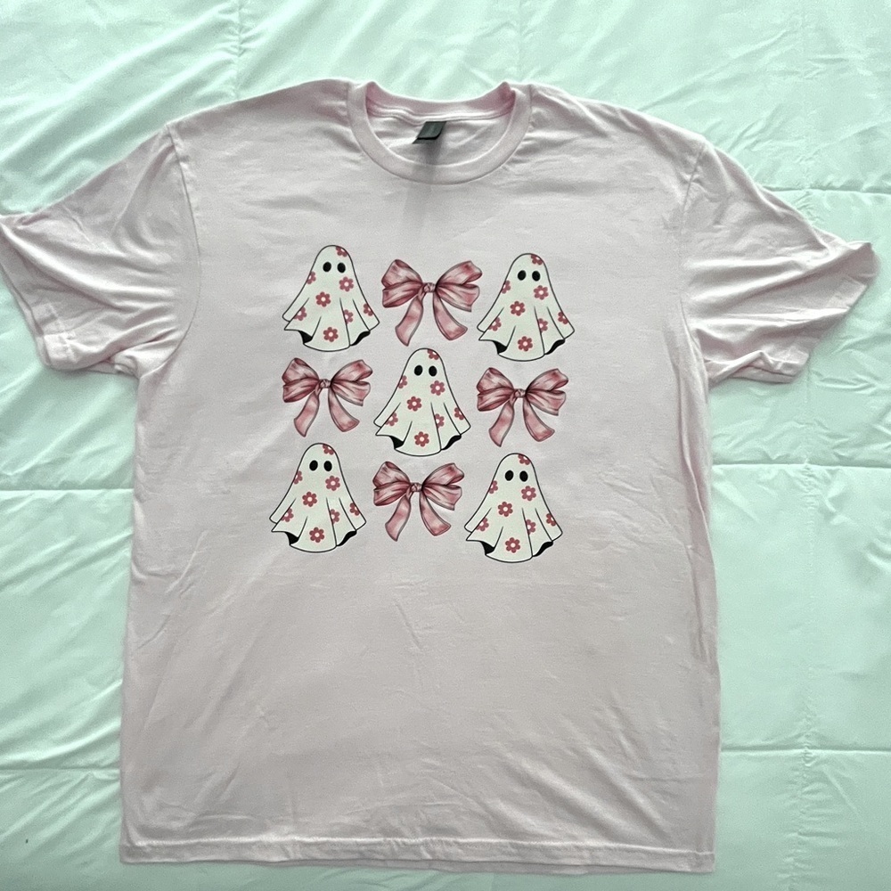 Coquette Pink Ghost and Bow T-Shirt. Size Large